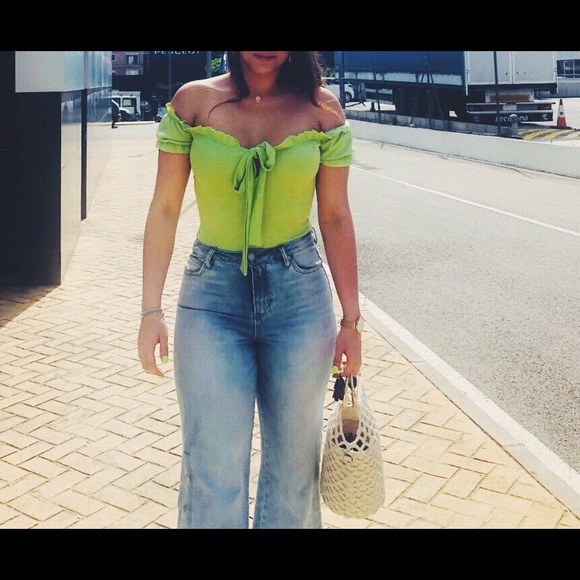 Neon Green Lime ruffle Off The Shoulder Bodysuit - Picture 5 of 8